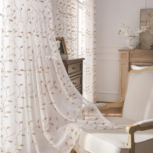 Lirzxin Küchengardinen, Bistrogardine Modern Transparent Küchengardinen Gestickt Zweige Blätter Polyester Fensterschal für Küche Wohnzimmer Landhaus, 76x61CM, Hell Kaffee, 2er Set