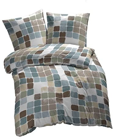 etérea Microfaser Bettwäsche 135x200 2er Set - Ganzjahres Bettbezug - Punkte Karos Set mit Kissen 135x200cm + 80x80 cm Kissen - Beige