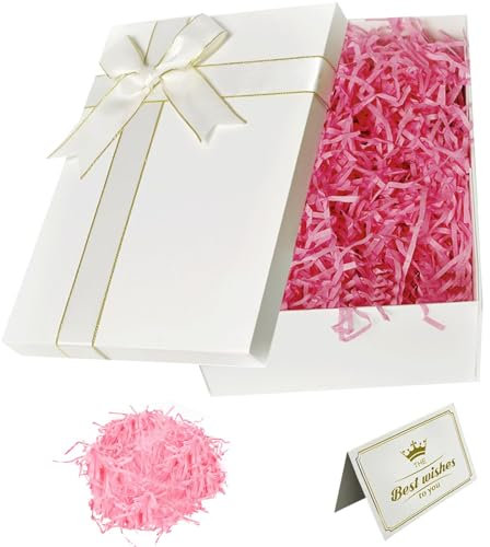 Geschenkbox mit Deckel 25 x 18 x 8,5 cm, Premium Geschenkbox mit Schleifen, Geschenkbox Set,Grußkarten,Raffia Hamper Shreds für Hochzeit Muttertag Geburtstag Weihnachten Valentinstag(Weiß)