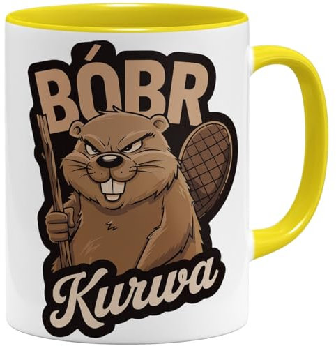OM3® witzige Kaffee-Tasse mit Spruch - Bobr Kurwa - viral Meme - Beaver - Biber - Bober II - Keramik Becher - 325ml - Beidseitig Bedruckt - Gelb