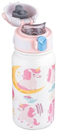 OLDLEY Insulated Kids Water Bottle 350ml/12oz Stainless Steel Metal Water Bottles Leakproof Double Walled Cute Vacuum Small Flask with Handle Keep Drinks Hot Cold for Boys Girls Children (Unicorn)