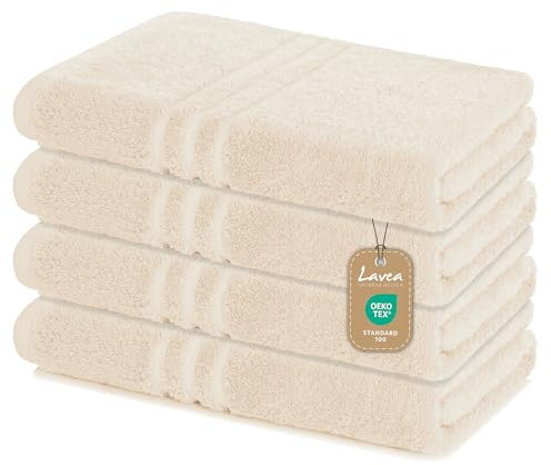 Lavea Duschtücher 4er Set – 70x140 cm – 100% Baumwolle – Weiche & Saugfähige Frottee Handtücher – 500 g/m² – Einfarbig & Zweifarbig – ÖKO-TEX Zertifiziert – Waschbar bis 60°C - Creme
