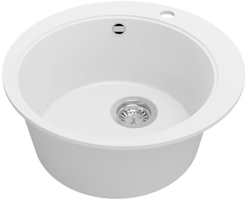 PRIMAGRAN Fregadero Cocina Circular Blanco 50x50centímetros, Fregadero Granito 1 Seno + Sifón, Fregadero sobre encimera al mueble 45centímetros - Pisa