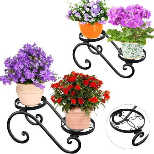 HLC Supporto per Fiori, set di 2 supporti Antiruggin Metallo Bonsa,2 Livelli scaletta per piante per interni ed esterni (nero)