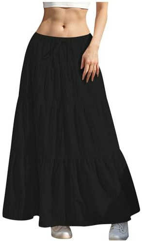 Women's Skirts Long Skirt High Waist Maxi Skirts Plus Size Ladies Elegant Casual Tired Swing Knee Length A Line Skirt Black