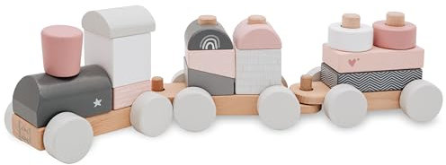 wunderwunsch Personalisierte Holz Eisenbahn Kinder - Geburtstagszug - Zug Baby Eisenbahn - Holzzug Personalisierte Geschenke Baby Spielzeug 1 Jahr Motorikspielzeug (rosa, ohne Name)