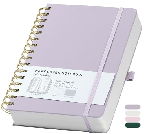 HOMEMARS Cahier A5,Cahier Spirale a5,Carnet de notes,Bloc Note,Carnet Spirale, Pointillé,Carnet Bullet Dotted Journal, 300 Pages, 100 g/m², 14,8 x 21 cm, Violet, Couverture en cuir