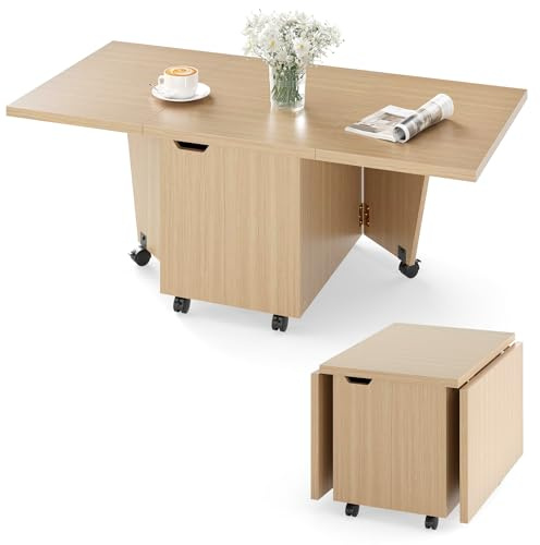 COSTWAY Folding Coffee Table, Drop Leaf Extendable Center Table with Storage Door Cabinet and Wheels, 120cm Rectangular Rolling Accent Sofa Side Tea Tables for Living Room, Small Spaces (Oak)