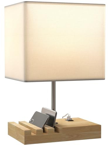 HOMCOM Bedside Lamp with USB A+C Charging Ports and 3 Phone Stands, Modern Table Lamp with Solid Wood Base and Fabric Shade for Bedroom Living Room Office, E27 Socket, Bulb Not Included, White
