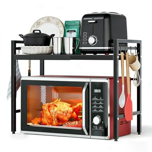 Soporte Extensible para Microondas, Repisa para Microondas 2 Niveles | con 6 Ganchos, 40-64 cm, Ahorra Espacio, para encimeras, Rejillas de repostería y Almacenamiento de Cocina, Negro