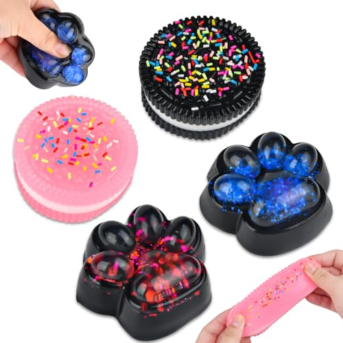4 Stück Taba Squishy Set, Fufu Squishy Pfote Stressabbau Spielzeug, Katzenpfoten + Biscuit Squeeze Toys, Dumpling Squishy, Mitgebsel Kindergeburtstag für Erwachsene ADHS Angst OCD