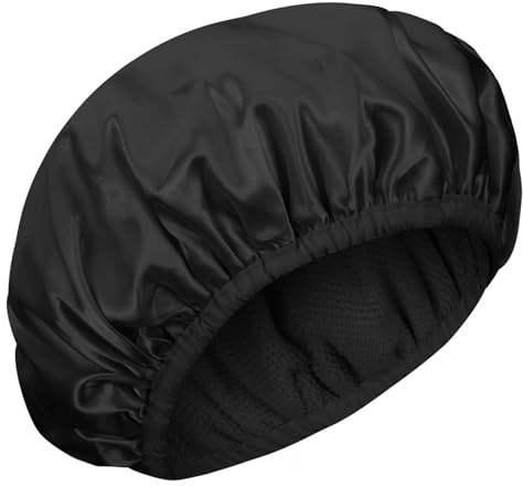 Wanmu Shower Cap, Terry Lined Hair Bonnet Triple Layer Bathing Cap Waterproof Adjustable Shower Caps for Women Thick Hair (Black)