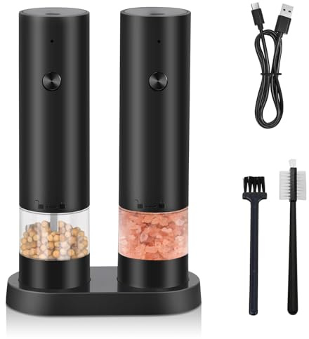 Electric Salt and Pepper Grinder Set, USB Rechargeable Electric Pepper Grinder Mills with Storage Base, Dust Cover & Cleaning Brush - 4 Adjustable Coarseness Spice Grinder Set for Picnic & BBQ