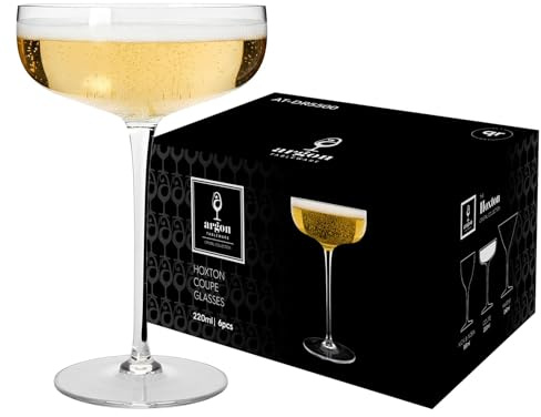 Argon Tableware Hoxton Crystal Champagne Coupe Glasses 220ml - Pack of 24, Lead-Free Crystal Cocktail & Sparkling Wine Glass Set, 1920s Art Deco Style, Wide Saucer Bowl, Gift Boxed