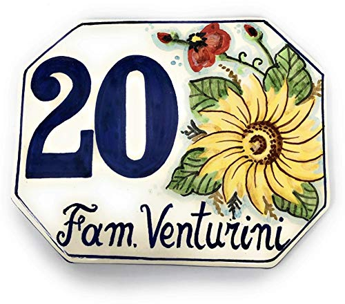 CERAMICHE D'ARTE PARRINI- künstlerische Italienisch Keramik personalisierte 15x12 Keramik Hausnummer Dekoration Sonnenblumen und Mohn Hand gemacht in Italien Toskana