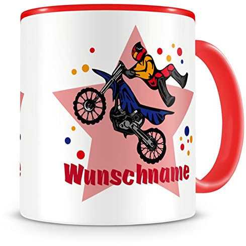 Samunshi® Kindertasse mit Namen Tasse Motorrad Fahrer Personalisierte Tasse mit Namen Kinder Kinderbecher personalisierter Text Kindergarten rot 300ml