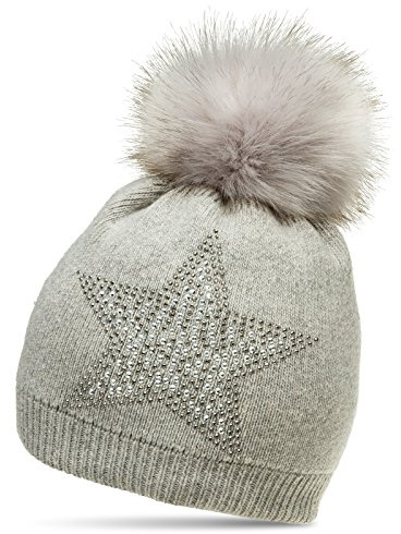 Caspar MU159 Damen Fein Strick Winter Mütze mit Fellbommel und Glitzer Strass Stern
