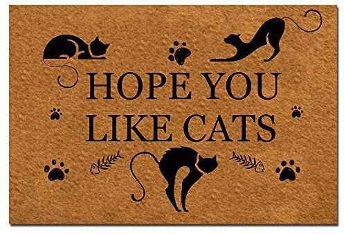 Funny Front Door Mat- I Hope You Like Cats Rubber Non Slip Backing Funny Doormat for Outdoor/Indoor Uses, Low-Profile Rug Mats for Entry 23.6(W) X 15.7(L)