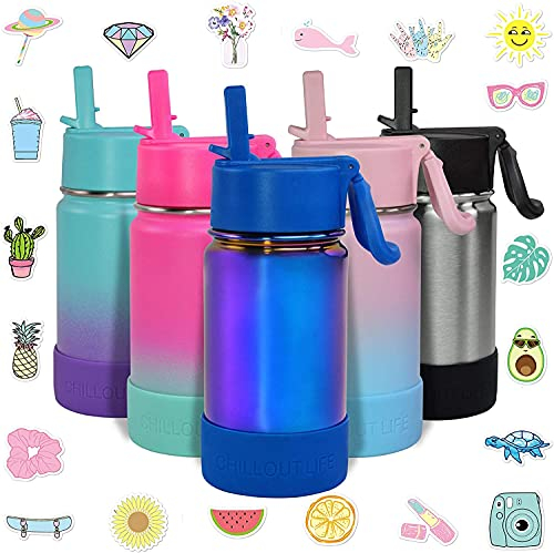 CHILLOUT LIFE 12 oz Insulated Water Bottle with Straw Lid for Kids and Adult + 20 Funny Waterproof Stickers - Perfect for Personalizing Your Kids Metal Water Bottle, Dishwasher Safe Paint - Magic Blue