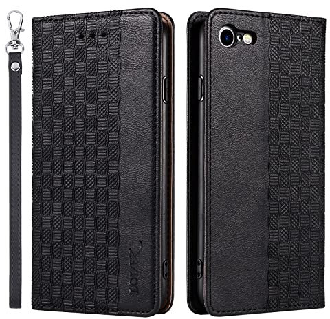 LOLFZ Leather Flip Wallet Case - Kickstand & Wrist Strap, Magnetic Cover for iPhone 7/8/SE 2020/SE 2022 - Black