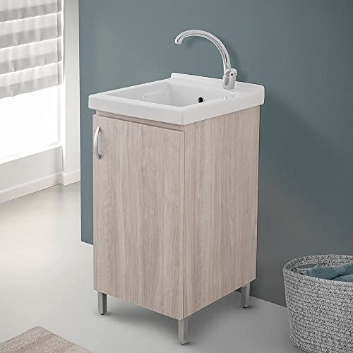 Mobile lavatoio Lavanderia in Legno con Vasca in Ceramica Resistente agli acidi, Completo di Kit sifone + piletta (Olmo, 45x50 cm 1 Anta)