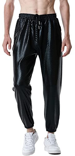 LucMatton Herren-Jogginghose, metallisch, glänzend, für Disco-Partys, Schwarz A, 34-37