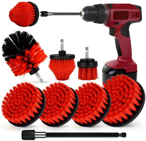 Drill Brush Attachment Set, 7 Pack 1/4in Power Scrubber Brush + Extend Long Rod, Multi-Purpose Power Cleaning Scrub Brush for Bathroom, Tub, Tile, Corner, Floor(Red)