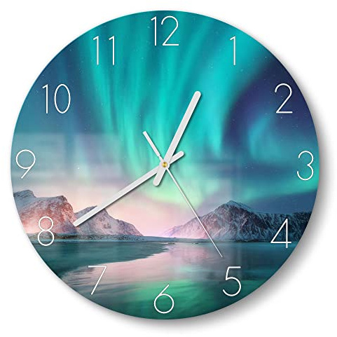 DEQORI Glasuhr | rund Ø 30 cm | Motiv Das Nordlicht der Lofoten | ausgefallene leise Design Uhr aus Glas | Wanduhr für Wohnzimmer & Küche | moderne Hingucker Uhr für die Wand