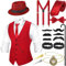 Blulu Set d’Accessoires de Costume Rétro pour Hommes des Années 1920, Gilet de Gangster Chapeau Fedora Bretelles (Vin Rouge, XL)