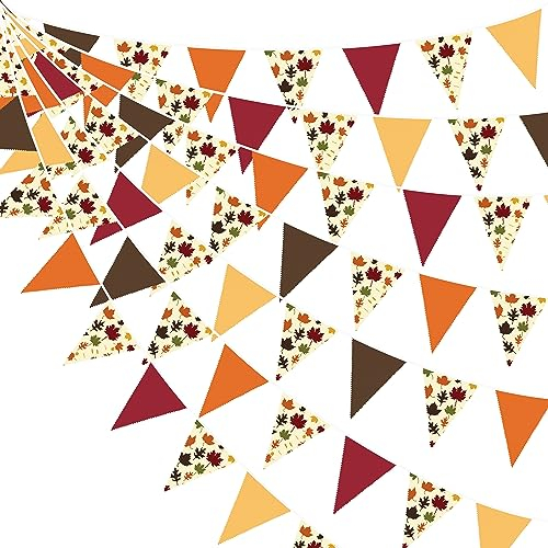 31Fuß Lange Herbst-Party-Dekorationen Orange-braune Herbst-Ahornblätter Banner aus Stoff Dreieckige Wimpel Girlande Luftschlangen für fröhlichen Herbst Erntedankfest Ernte Geburtstag Hängedekoration