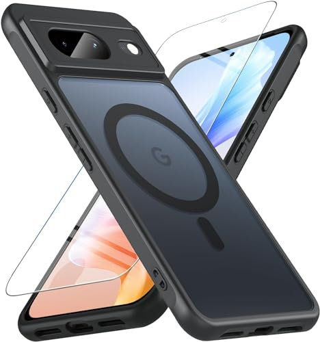 Case for Google Pixel 8, Magnetic Google 8 Case With Tempered Glass Film Matt Translucent Slim Shockproof Pixel 8 Case Reinforced Drop Protection Cover for Google 8 (Black)