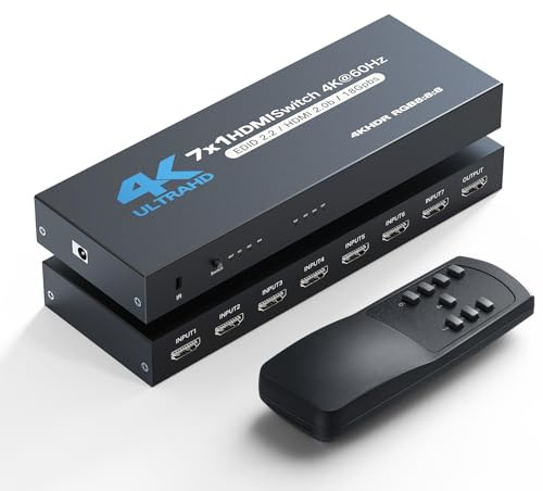 HDMI Switch 7 in 1 Out, 4K60Hz HDMI Switcher with Remote, H-DMI Selector Box Support UltraHD Dolby HDR10 2.0 HDCP 2.2 3D, HD-MI Splitter Compatible with Xbox PS5/4/3 Blu-Ray Player Fire Stick