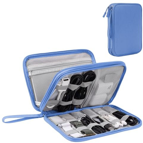 Organizador de Cables para Viaje con Doble Capa - Bolsa Técnica Impermeable para Cargadores, Teléfonos, Auriculares, Tarjetas | Travel Essentials para Viajes Accesorios, L, Azul Cielo
