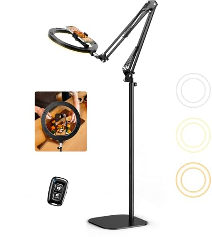 Upgrade Ringlicht Ringleuchte mit Stativ Overhead, Evershop 10” Overhead Handy Stativ mit LED Ringlicht Flexibel Lichtring Ring Light mit Fernbedienung Blitzgeräte für Tiktok YouTube Content Creator