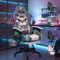 ALFORDSON Sedia da Gaming Ergonomica con Massaggi e Illuminazione RGB a 12 LED Colorati, Poltrona con Supporto Lombare e Poggiapiedi, Tessuto, Grigio Impunture