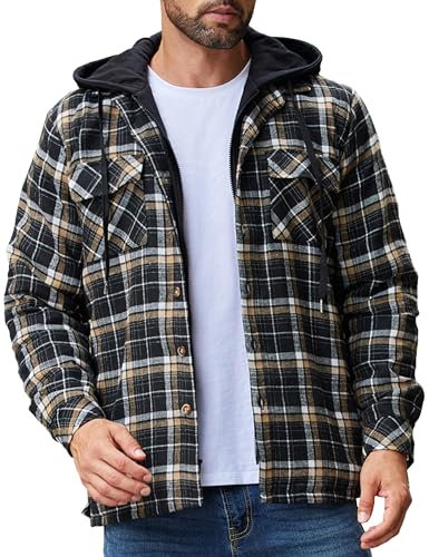 COOFANDY Herren Hemdjacke Karierte Jacke mit Tasche Flanell Jacke Langarm Winterhemd Baumwolle Karohemd Übergangsjacke Holzfäller Jacke Gefüttert Hoodie Braun Schwarz XL