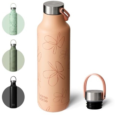 Insulated 600ml Water Bottle with Handle - Hiking Drink Flask (Orange Flower)