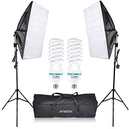 Andoer Softbox Lighting Kit, 5500K Softbox with 135W Light Bulb, Photography Lighting Kit with 50 * 70 cm Softbox, 2m Light Stand, Carry Bag, Softbox Kit for Studio Live Streaming Photography