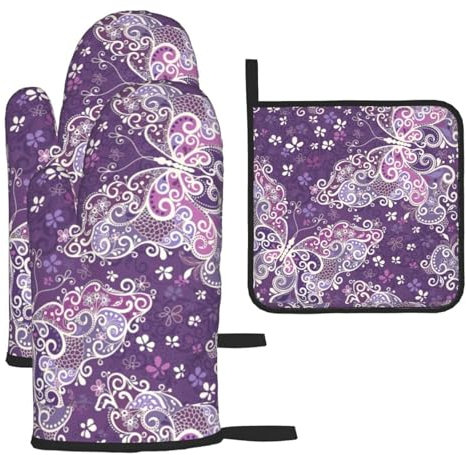Juego de utensilios esenciales de cocina con estampado de mariposas moradas, manoplas de horno, juego de soportes para ollas, vacaciones de primavera/verano, barbacoa