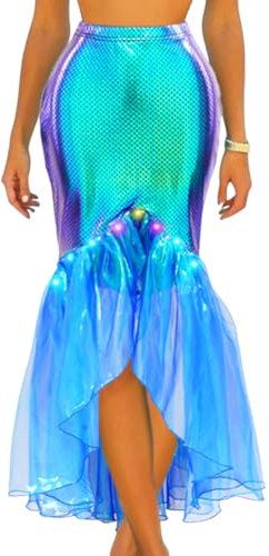 Flovel LED Tiefblaues Meerjungfrauen Fischschwanzkleid Glow Ozean-Meerjungfrauenrock, Märchen-Fischschwanz-Kostüme für Frauen