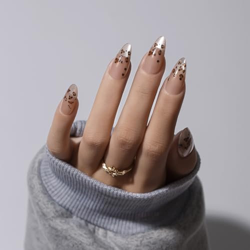 KQueenest 30 Pcs Cateye French Tip Press On Nails Almond Medium, Glitter Leopard Print Nails Press ons, Shiny Sparkly Fake Nails With Glue with Cheetah Design, Cute Reusable Glue on Nails for Women