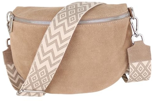 MIRROSI Damen Bauchtasche aus Wildleder, Made in Italy. Als Umhängetasche, Brust- oder Schultertasche tragbar, 26x20x8 cm, Reißverschlussfach hinten. (Upgrade Version: Wildleder Dunkelbeige Boho)