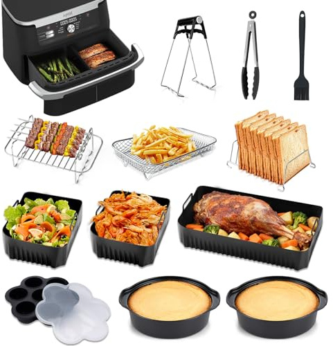 Hunnycook 17P Airfryer Zubehör für Ninja AF500EU Heißluftfritteuse, inklusive 1×10,4L+2×5,2L Airfryer Silikonform, Kuchenform, Frittierkorb, Zange & mehr, wiederverwendbares Set für Ninja Flex Drawer