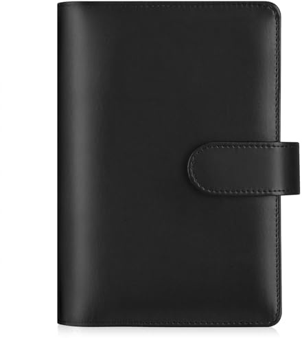 AKONEGE PU-Leder A6 Ringbuch 6-Ringordner für A6-Füllpapier und Loseblatt-Taschen, Budget-Umschläge, nachfüllbares Notizbuch A6 persönlicher Planer für Tagebuch, Arbeit, Geldorganizer, Schwarz