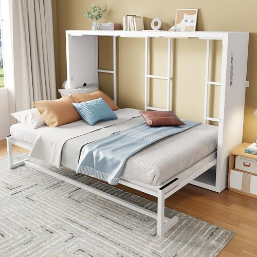 Kebnor Cama Murphy, cama plegable con estructura de metal, cama plegable, 140 x 200 combinación de marco de metal y placa de madera, con soporte de pared bloqueable, resistente y silenciosa, cama