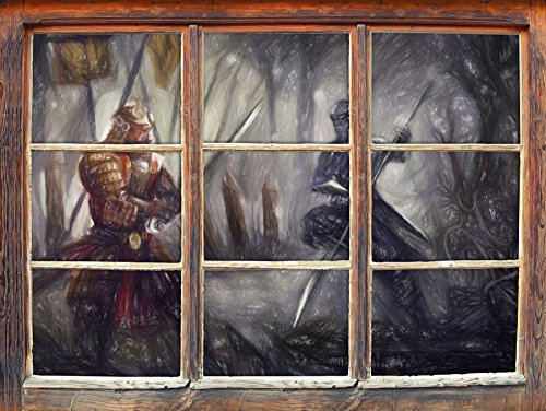 Stil.Zeit Kampf zwischen Samurai und Ninja Kunst Buntstift Effekt Fenster im 3D-Look, Wand- oder Türaufkleber Format: 92x62cm, Wandsticker, Wandtattoo, Wanddekoration