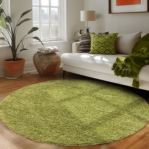 Runder Teppich Wohnzimmer Hochflor Einfarbiges Design Langflor Shaggy Modern Flauschig, Farbe: Grün, Größe: 160 cm Rund
