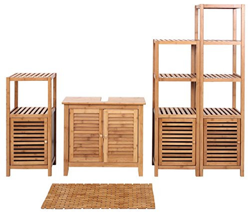 Set Complet de Salle de Bains HWC-B18, Meuble Armoires Étagères Bambou