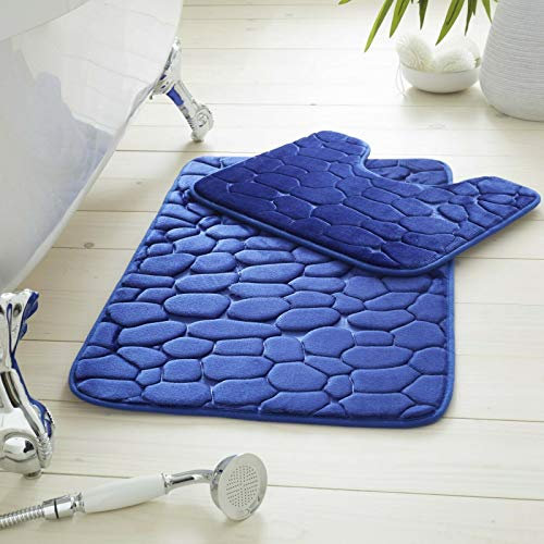 GC Pebbles Design Memory Foam 2pcs Bath & Pedestal Mat Sets Non Slip Water Absorbent Luxurious Designer Shiny Bathroom Rugs (Royal Blue)