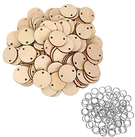 100 Stück DIY Runde Holzscheiben zum Basteln, 30 mm Holzscheiben mit Loch 2, Holzplatte Rund mit Metallring, Unvollendete Holzanhänger für Handwerk, Geschenke, Schlüsselbund, Weihnachten Deko